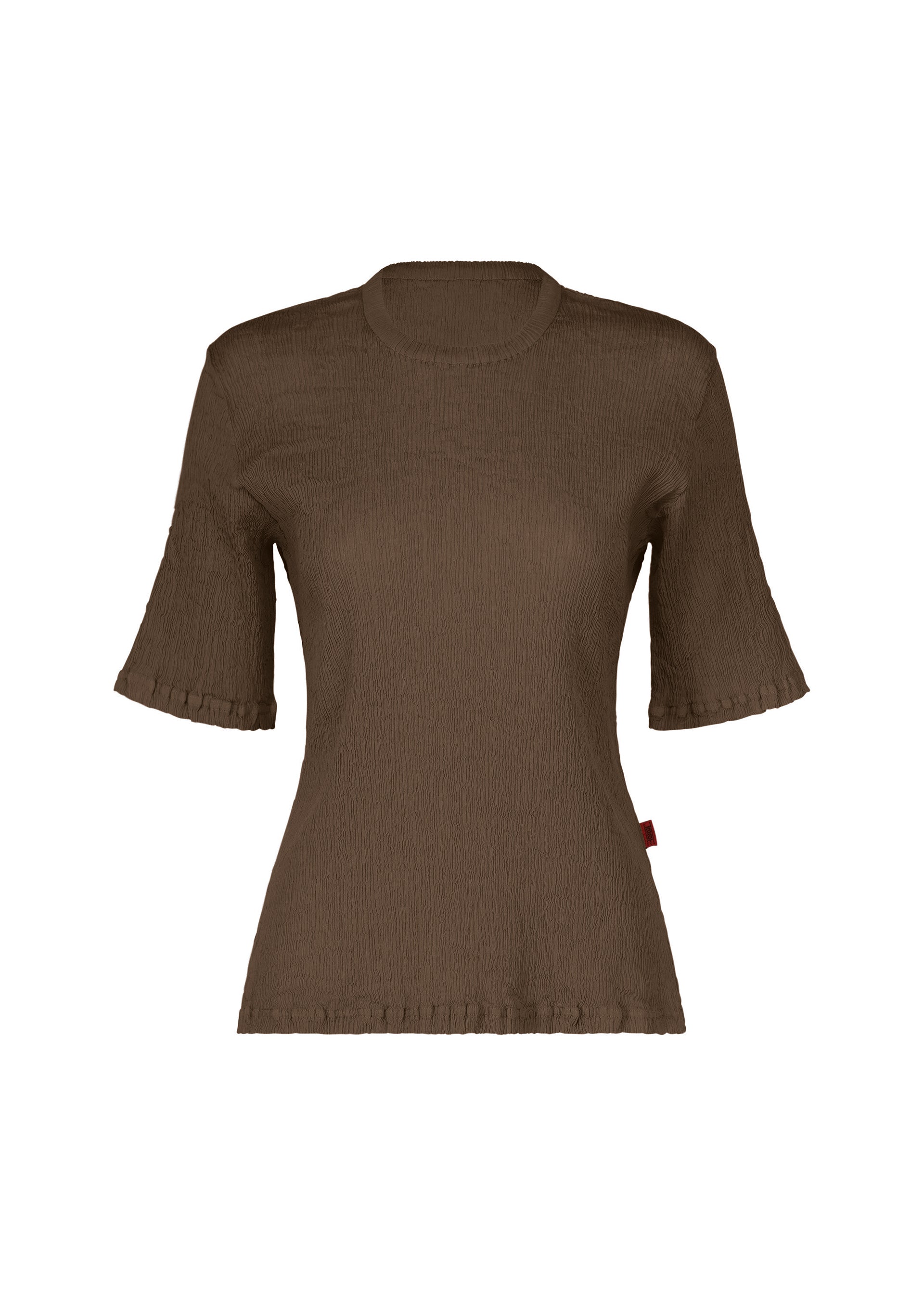 Zoomed view The HaaT KYO CHIJIMI AUGUST is a brown women’s short-sleeved top crafted from ultra-fine cotton with a unique, crinkled texture inspired by traditional KYO CHIJIMI fabric, featuring subtle ruffle details along the sleeves and hem, displayed against a white background. - DARK BROWN （no.45）