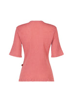 Back view of the HaaT KYO CHIJIMI AUGUST blouse in pink, made from ultra-fine cotton KYO CHIJIMI with a crinkled texture, featuring subtle ruffle details on the sleeves and hem, displayed against a white background.