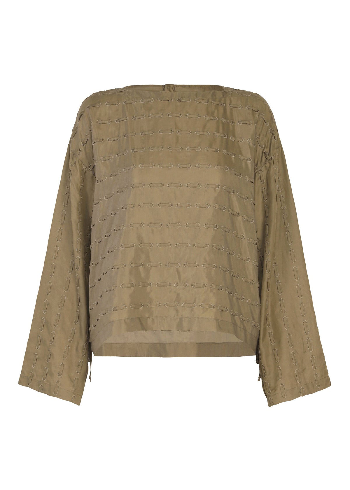 HOLE & LINE by HaaT is an olive-green, long-sleeve blouse featuring a boxy fit and subtle horizontal textured patterns, crafted from a soft cupra-blend fabric and displayed on a plain white background. view 1 of 8