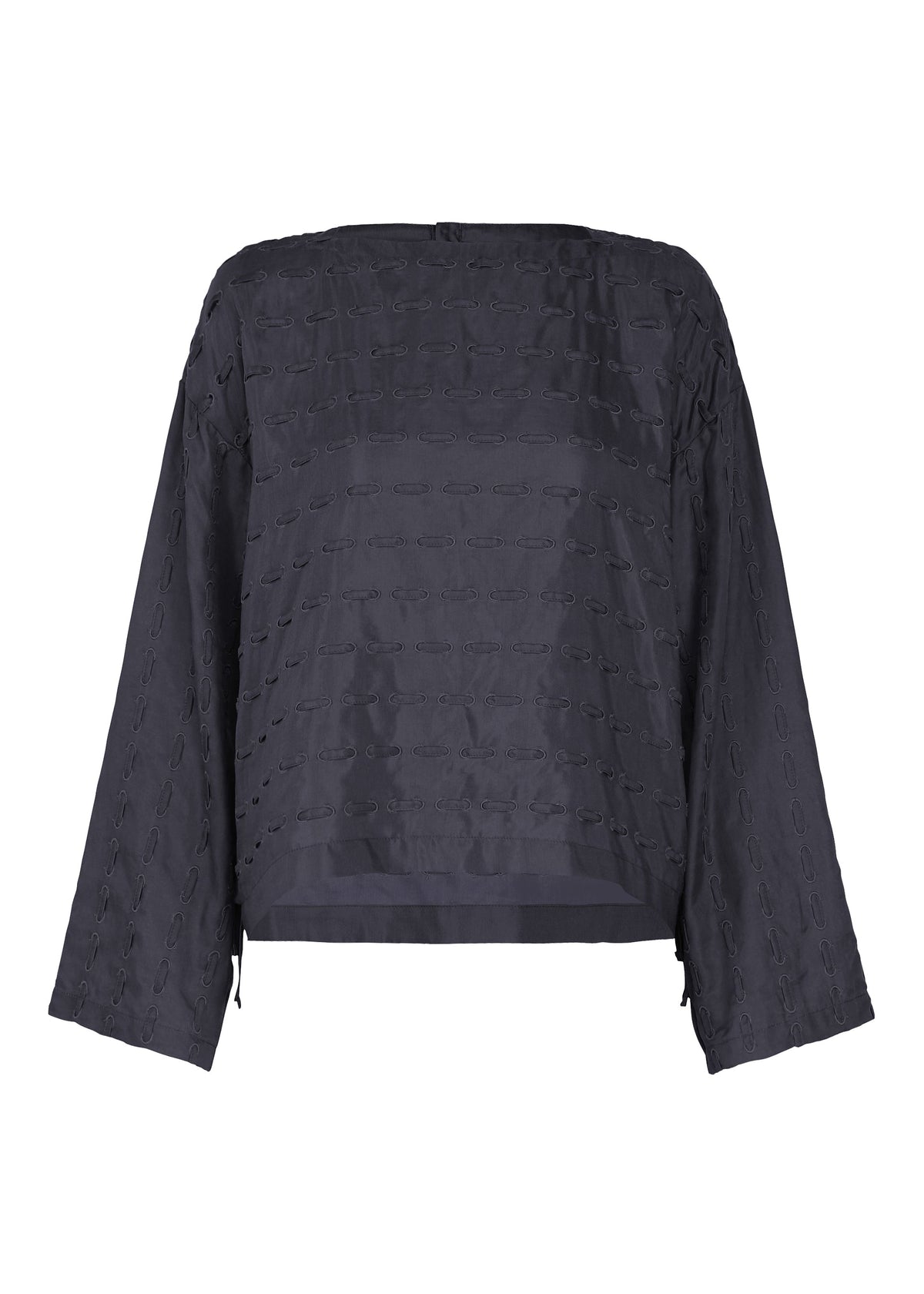 Introducing the HOLE & LINE blouse by HaaT—a black, long-sleeve top featuring a boxy silhouette, textured horizontal stitched pattern, and wide sleeves. Crafted from a soft cupra-blend fabric, it offers both comfort and sheen. view 2 of 8