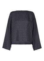 Introducing the HOLE & LINE blouse by HaaT—a black, long-sleeve top featuring a boxy silhouette, textured horizontal stitched pattern, and wide sleeves. Crafted from a soft cupra-blend fabric, it offers both comfort and sheen. - NAVY （no.75）