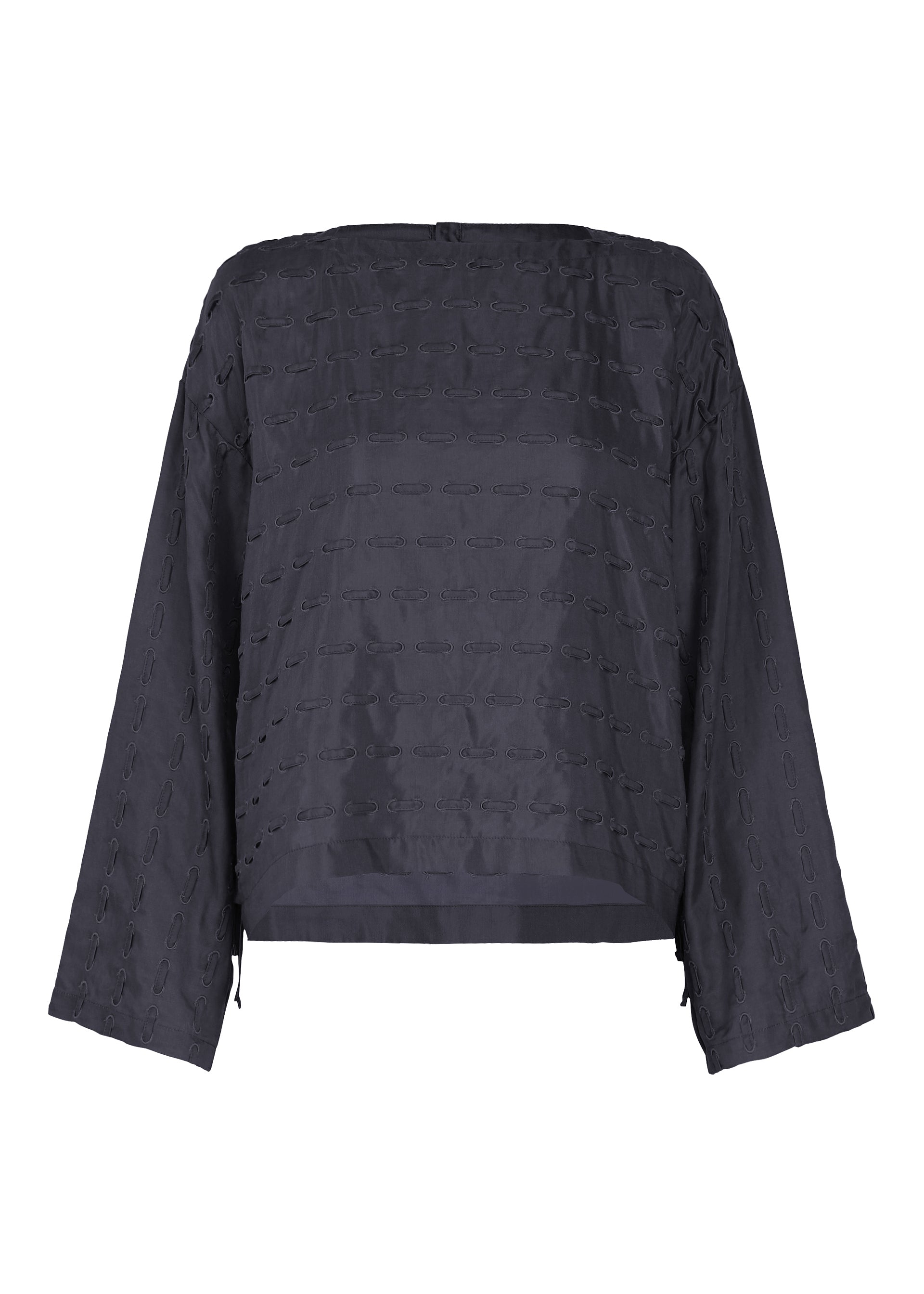 Zoomed view Introducing the HOLE & LINE blouse by HaaT—a black, long-sleeve top featuring a boxy silhouette, textured horizontal stitched pattern, and wide sleeves. Crafted from a soft cupra-blend fabric, it offers both comfort and sheen. - NAVY （no.75）