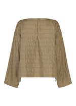 HOLE & LINE by HaaT: A khaki long-sleeve, off-the-shoulder blouse featuring subtle stitched patterns and delicate eyelet embroidery. The back view highlights its loose fit, short hemline, and a simple horizontal seam across the top.