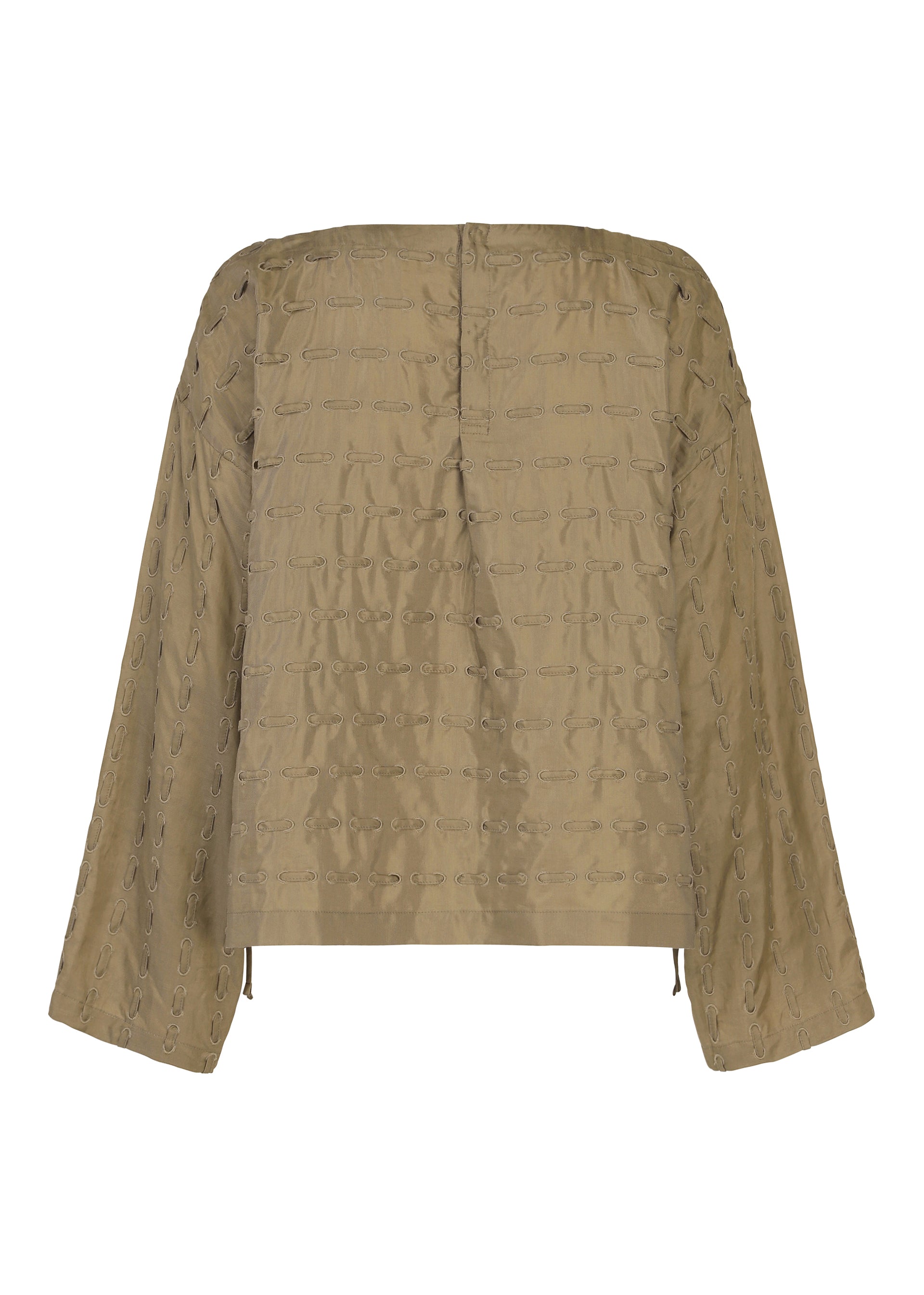 Zoomed view HOLE & LINE by HaaT: A khaki long-sleeve, off-the-shoulder blouse featuring subtle stitched patterns and delicate eyelet embroidery. The back view highlights its loose fit, short hemline, and a simple horizontal seam across the top.