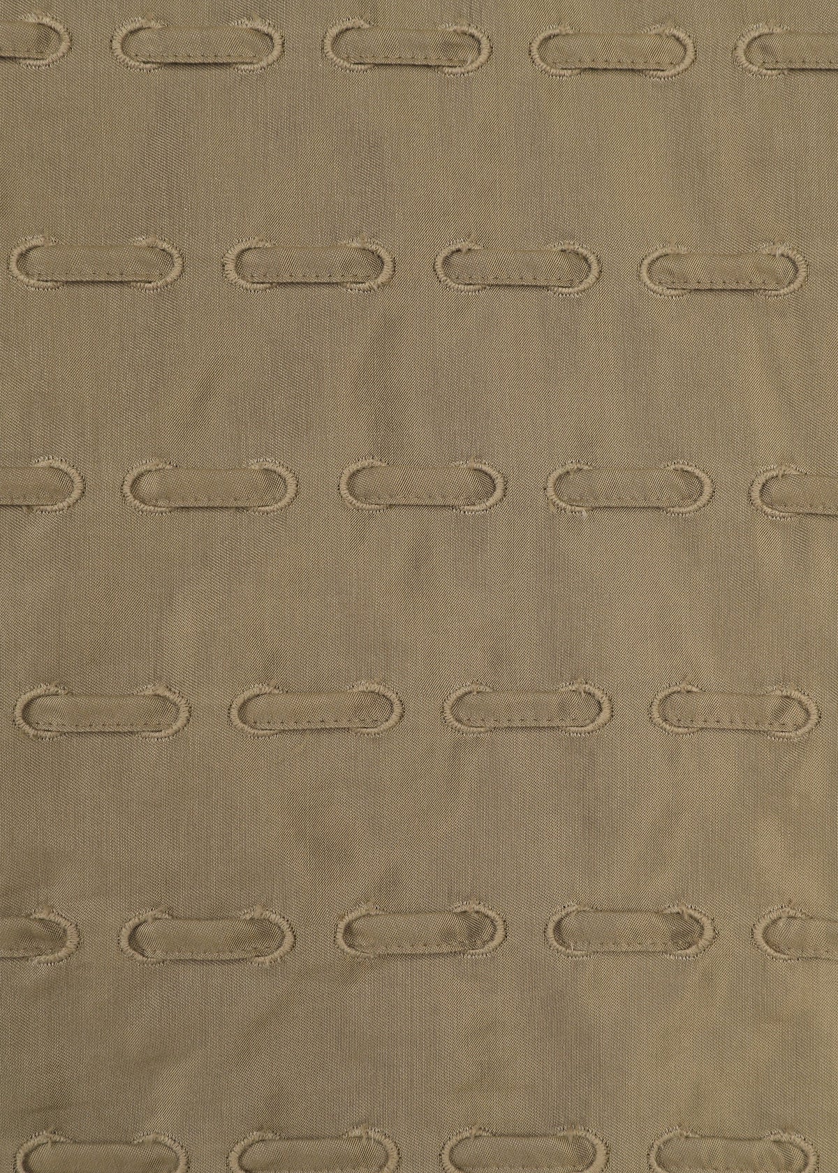 HOLE & LINE by HaaT is crafted from brown cupra-blend fabric with a subtle striped texture, featuring evenly spaced horizontal rows of oval-shaped stitched holes that create an elegant eyelet embroidery effect. view 5 of 8