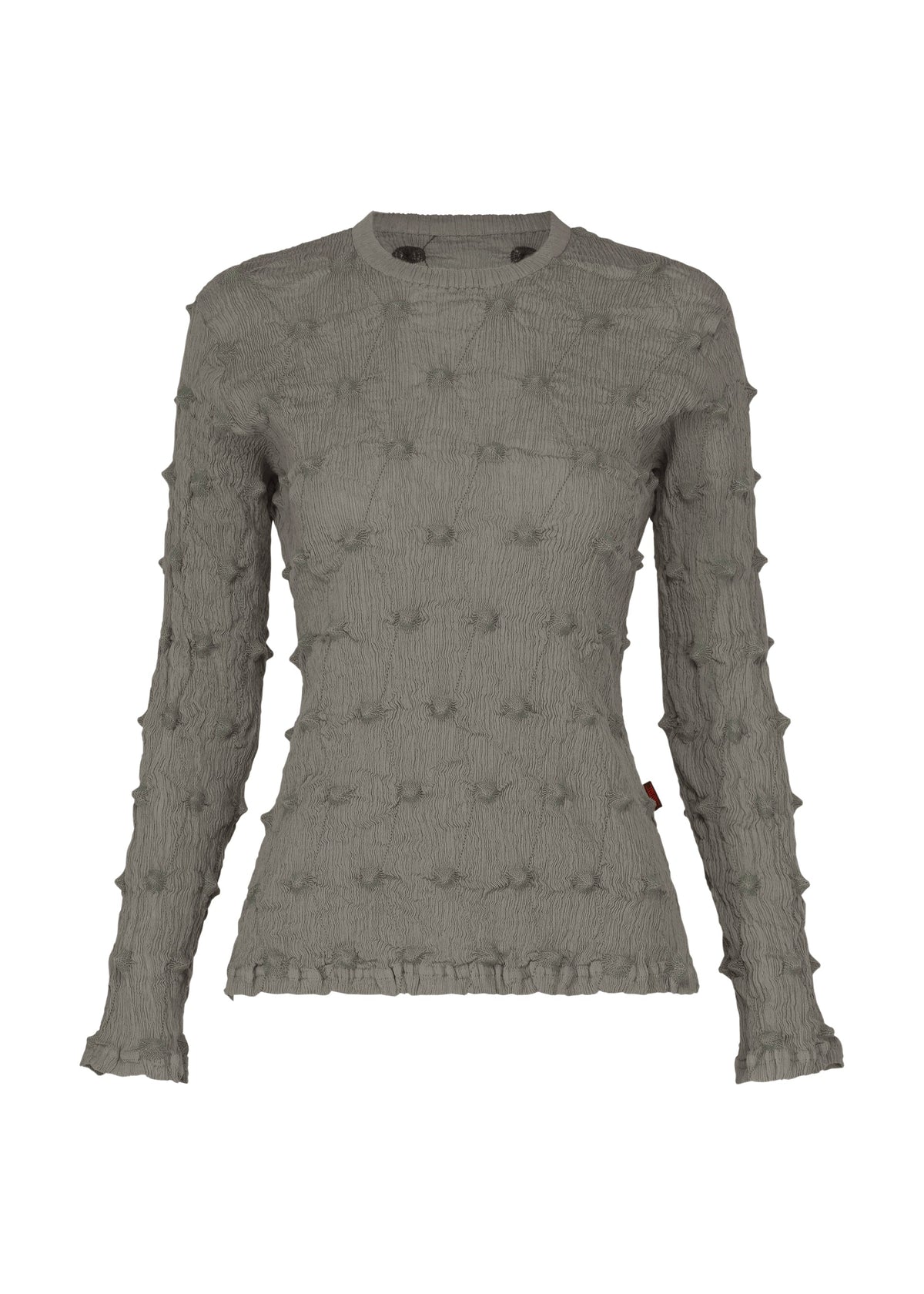 Introducing the KYO CHIJIMI SQUARE EMB shirt by HaaT—a gray ultra-fine cotton top with long sleeves, designed in a fitted silhouette. It features a round neckline and an all-over raised square embroidery, giving the fabric a distinctive crinkled texture. Subtle ruffled edges at the sleeves and hem add a delicate finishing touch to this refined piece. view 1 of 8