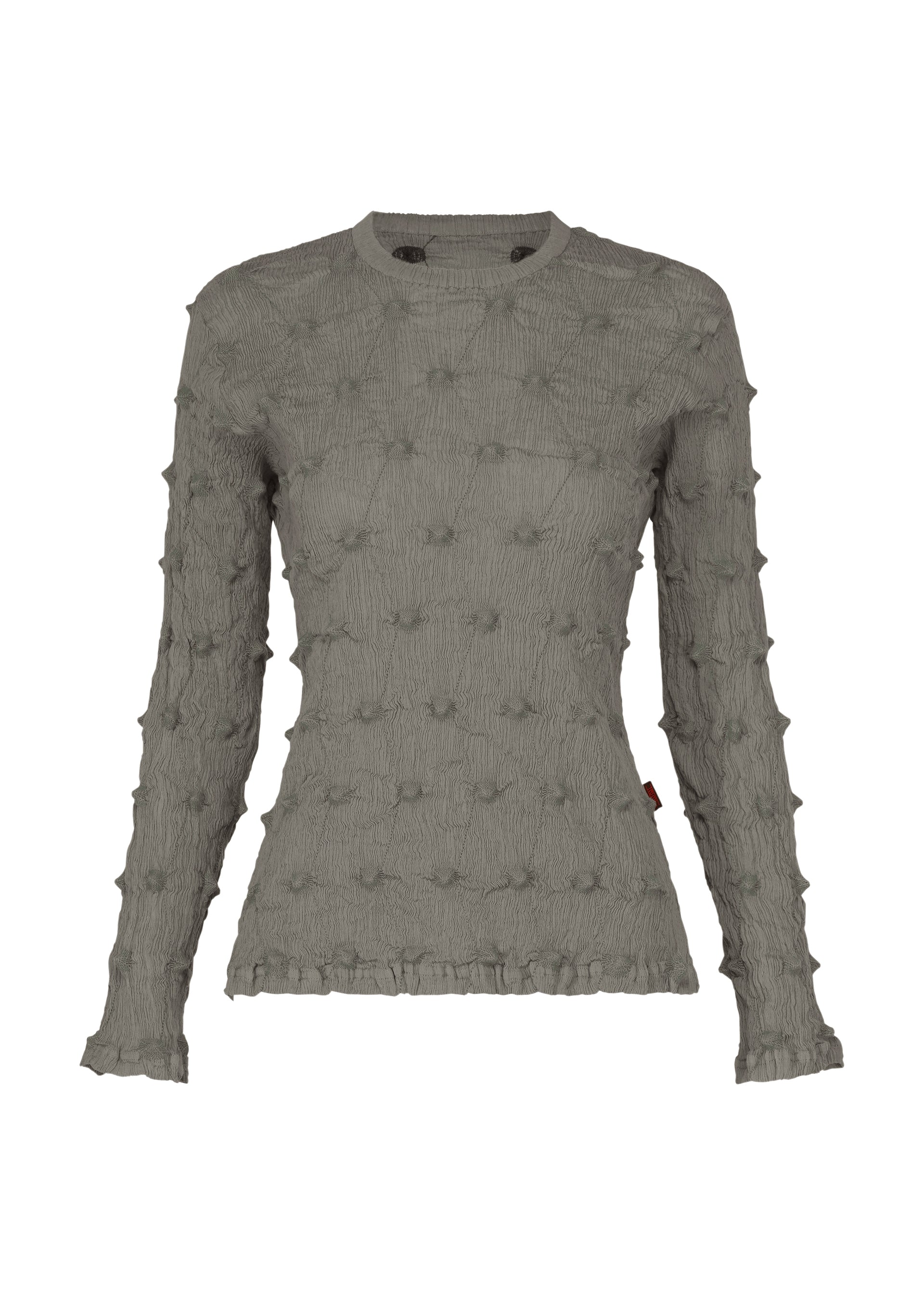 Zoomed view Introducing the KYO CHIJIMI SQUARE EMB shirt by HaaT—a gray ultra-fine cotton top with long sleeves, designed in a fitted silhouette. It features a round neckline and an all-over raised square embroidery, giving the fabric a distinctive crinkled texture. Subtle ruffled edges at the sleeves and hem add a delicate finishing touch to this refined piece. - MIDDLE GRAY （no.11）