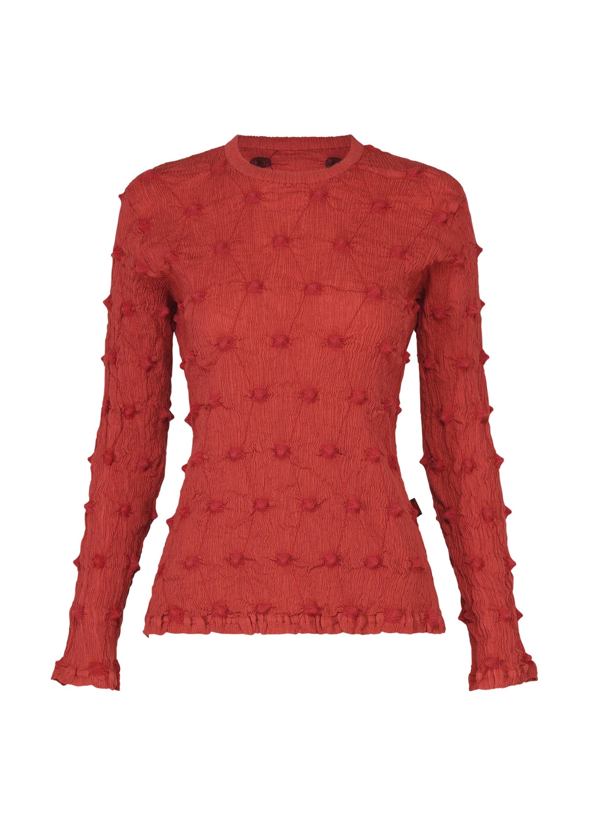 The HaaT KYO CHIJIMI SQUARE EMB is a long-sleeve, fitted red textured sweater featuring a crew neckline and raised dot embroidery throughout, offering both elegance and a touch of playful charm. view 2 of 8