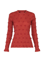 The HaaT KYO CHIJIMI SQUARE EMB is a long-sleeve, fitted red textured sweater featuring a crew neckline and raised dot embroidery throughout, offering both elegance and a touch of playful charm. - RED （no.24）