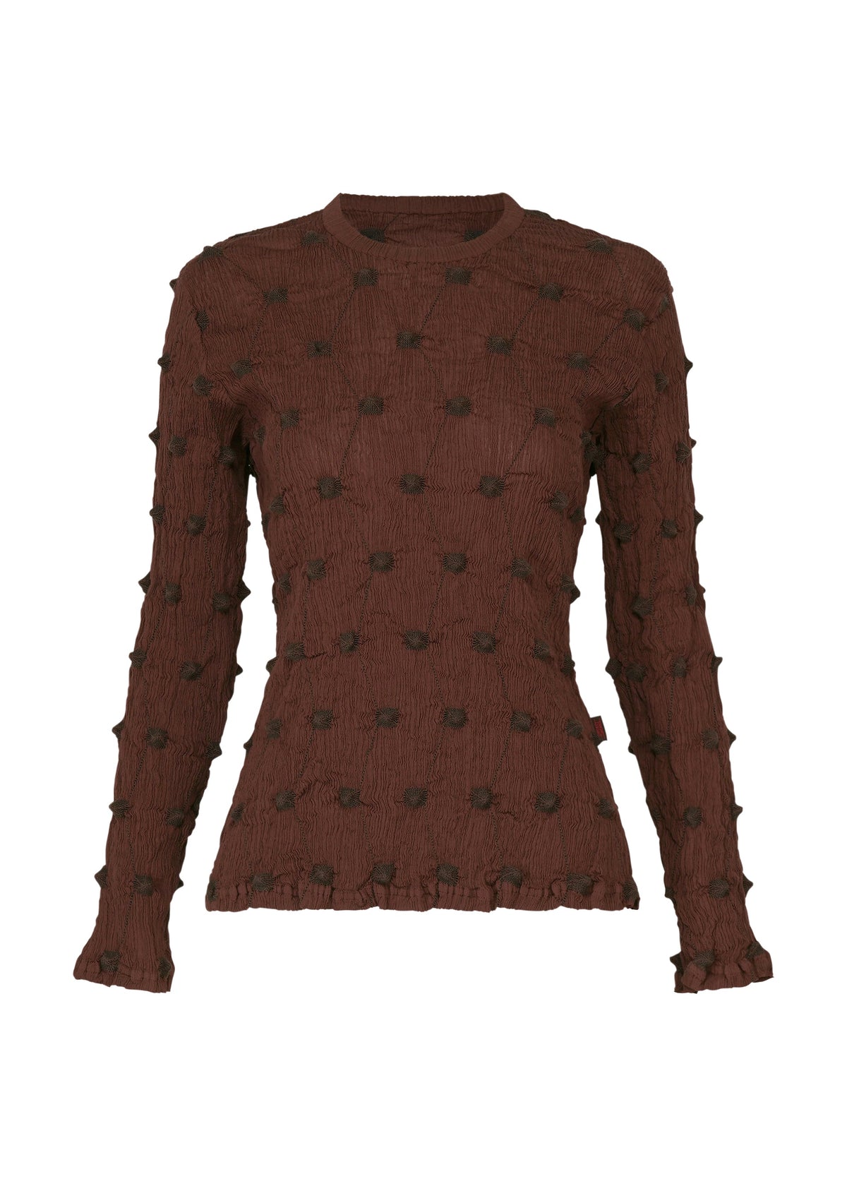 Introducing the KYO CHIJIMI SQUARE EMB by HaaT—a long-sleeve, fitted brown sweater featuring an all-over pattern of raised, round dots. This textured top brings a unique dimension and a modern edge to your everyday wardrobe with its distinctive crinkled finish. view 3 of 8