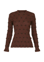 Introducing the KYO CHIJIMI SQUARE EMB by HaaT—a long-sleeve, fitted brown sweater featuring an all-over pattern of raised, round dots. This textured top brings a unique dimension and a modern edge to your everyday wardrobe with its distinctive crinkled finish. - BORDEAUX （no.84）
