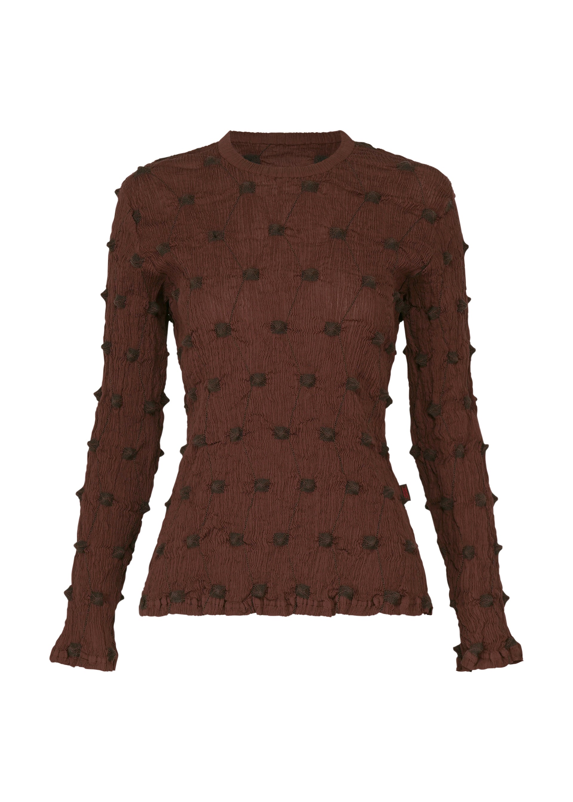 Zoomed view Introducing the KYO CHIJIMI SQUARE EMB by HaaT—a long-sleeve, fitted brown sweater featuring an all-over pattern of raised, round dots. This textured top brings a unique dimension and a modern edge to your everyday wardrobe with its distinctive crinkled finish. - BORDEAUX （no.84）