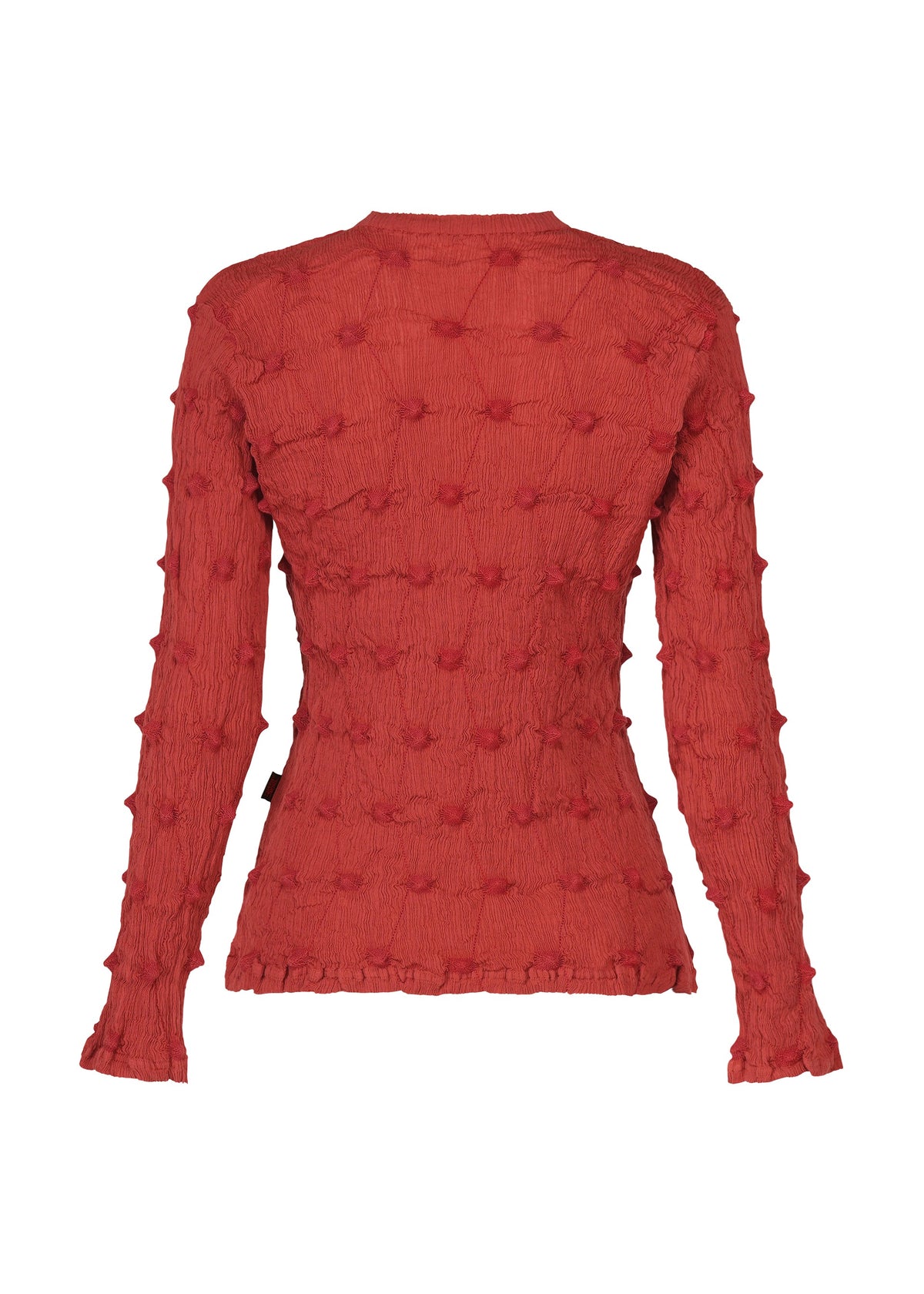 Back view of the HaaT KYO CHIJIMI SQUARE EMB top in red, featuring long sleeves and an ultra-fine cotton fabric with an evenly distributed, raised square-embroidered texture. This distinctive shirt blends comfort and style, making it a standout piece with its unique crinkled pattern. view 4 of 8