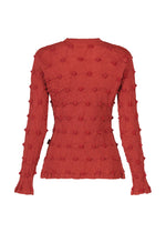 Back view of the HaaT KYO CHIJIMI SQUARE EMB top in red, featuring long sleeves and an ultra-fine cotton fabric with an evenly distributed, raised square-embroidered texture. This distinctive shirt blends comfort and style, making it a standout piece with its unique crinkled pattern.