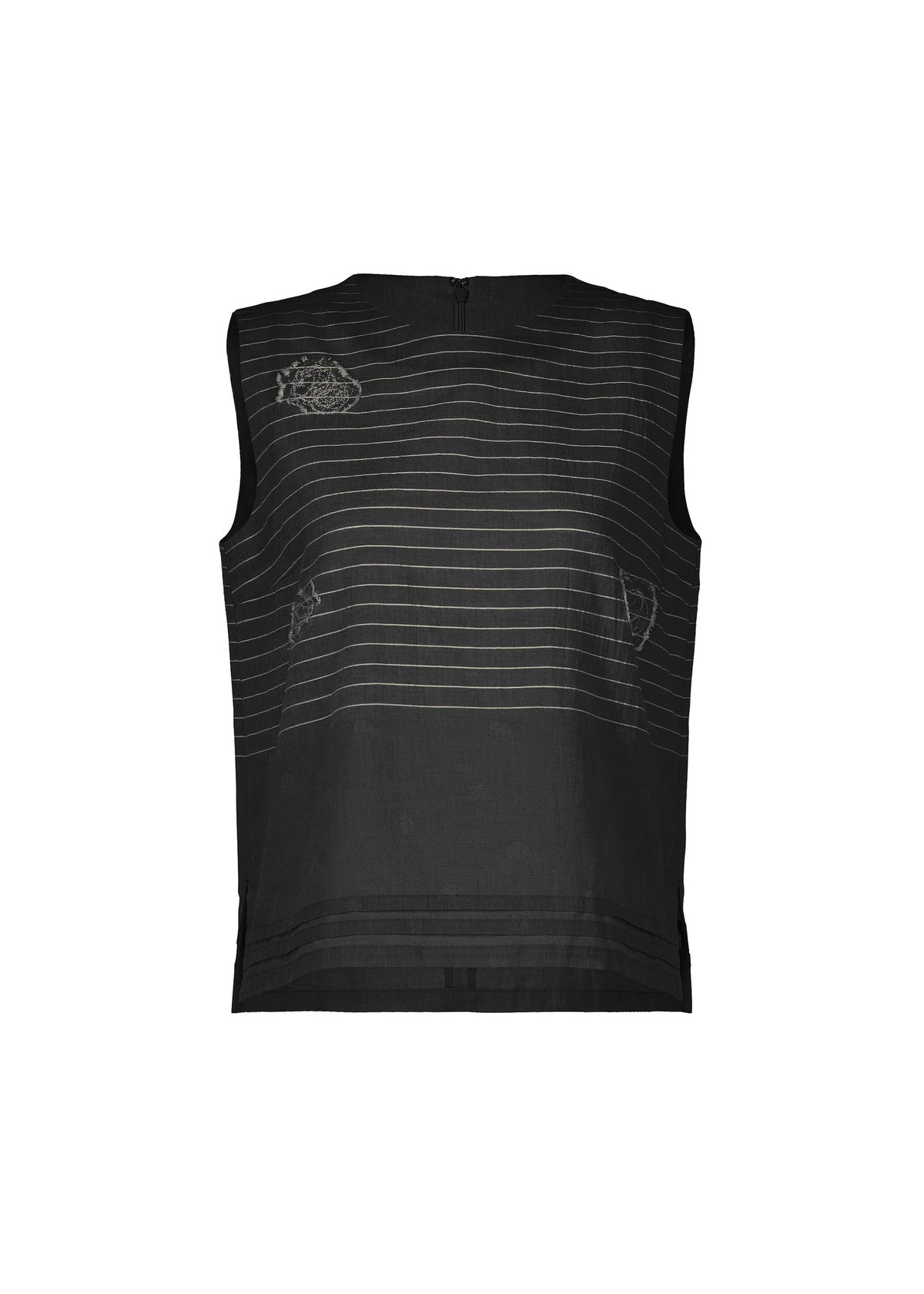 The ONE STROKE DRAW by HaaT is a jacquard sleeveless black top featuring thin horizontal white stripes and subtle embroidered patches, made from a lightweight, semi-sheer cotton cupra blend. view 1 of 6