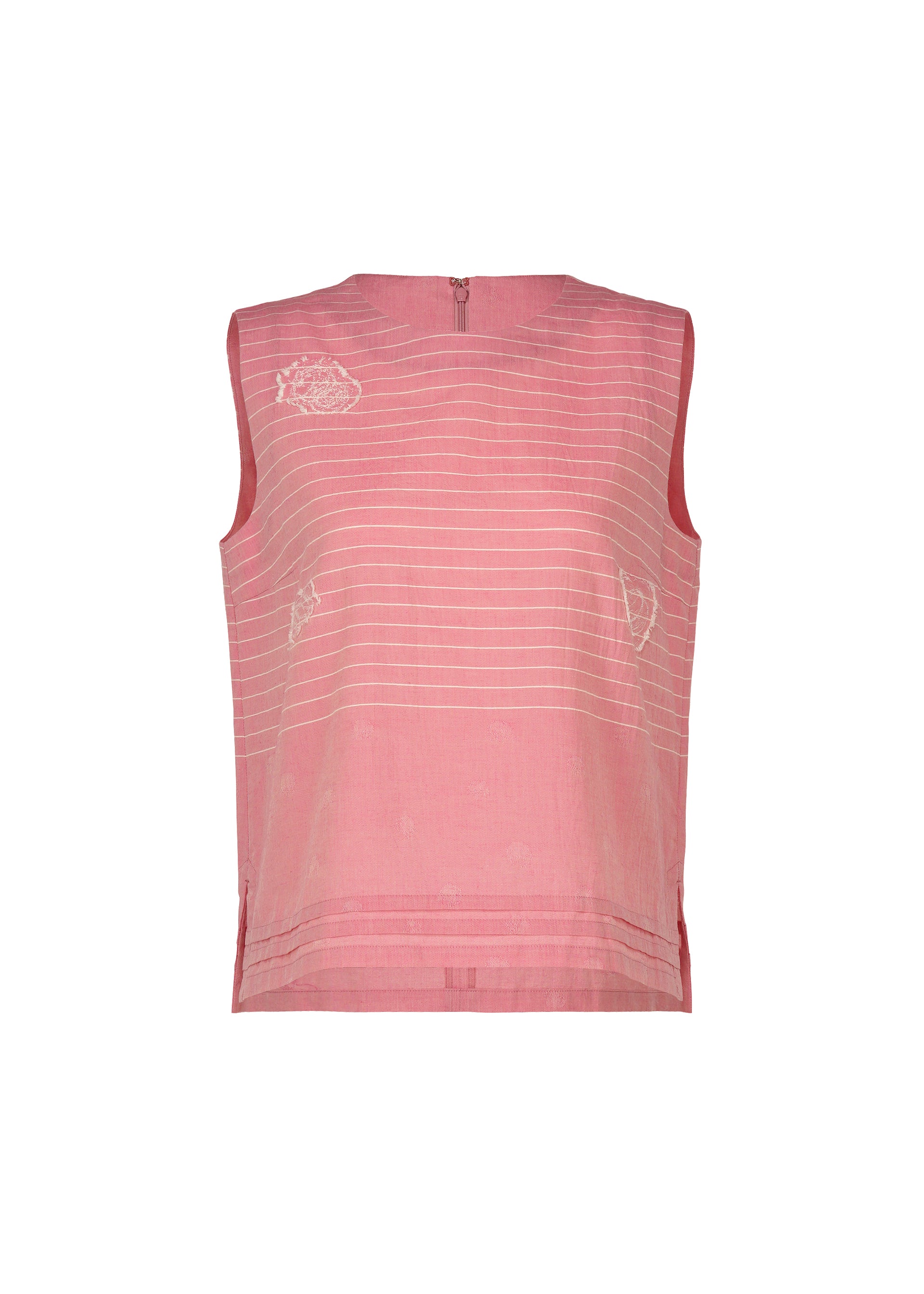 Zoomed view The ONE STROKE DRAW by HaaT is a sleeveless pink jacquard top featuring subtle white horizontal stripes, light embroidery, a round neckline, and a small back zipper. Made from a lightweight, breathable cotton-cupra blend. - LIGHT PINK （no.20）
