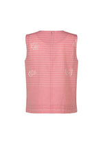 The HaaT ONE STROKE DRAW is a pink jacquard sleeveless top with horizontal white stripes and subtle floral embroidery, made from a cotton cupra blend for soft texture, shown from the back against a white background.
