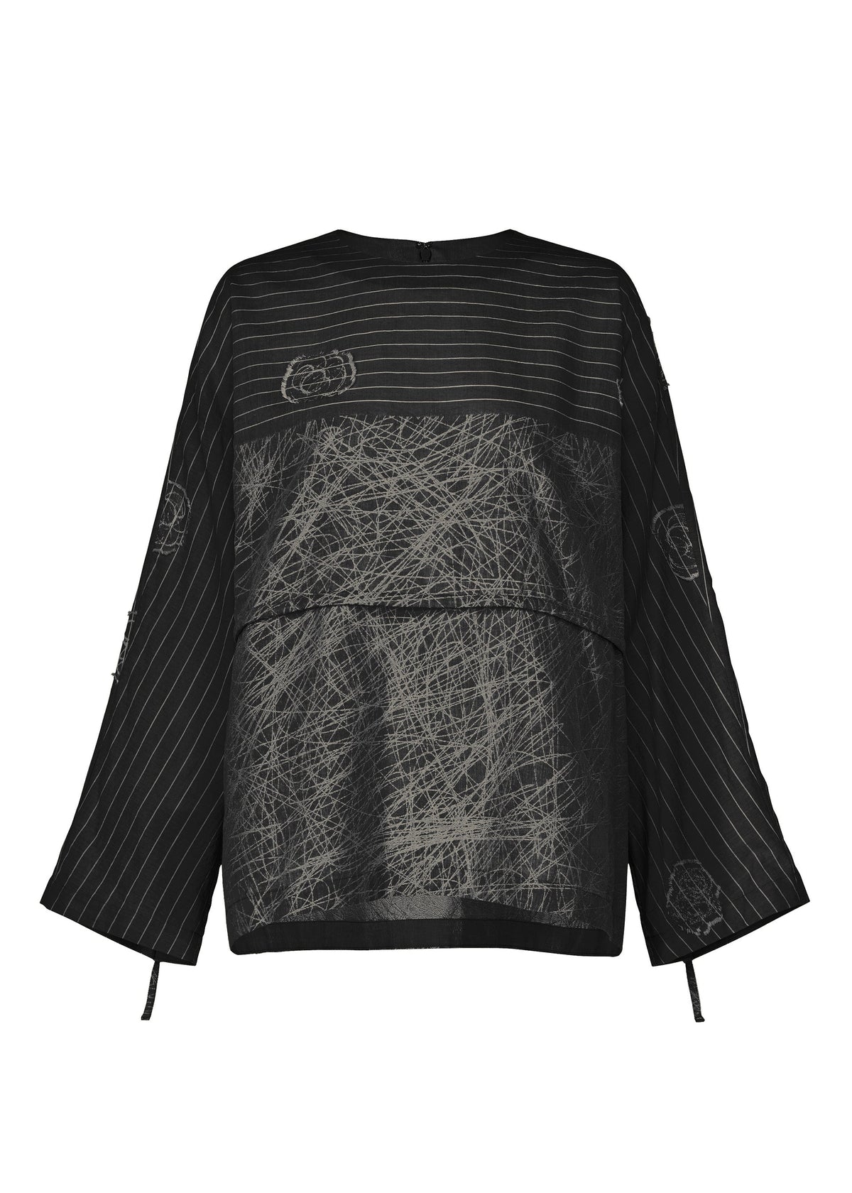 HaaT's ONE STROKE DRAW is a black jacquard top with fine white pinstripes and abstract light gray scratch-like patterns on the front and sleeves. This long-sleeved style features a loose fit for effortless elegance. view 1 of 10