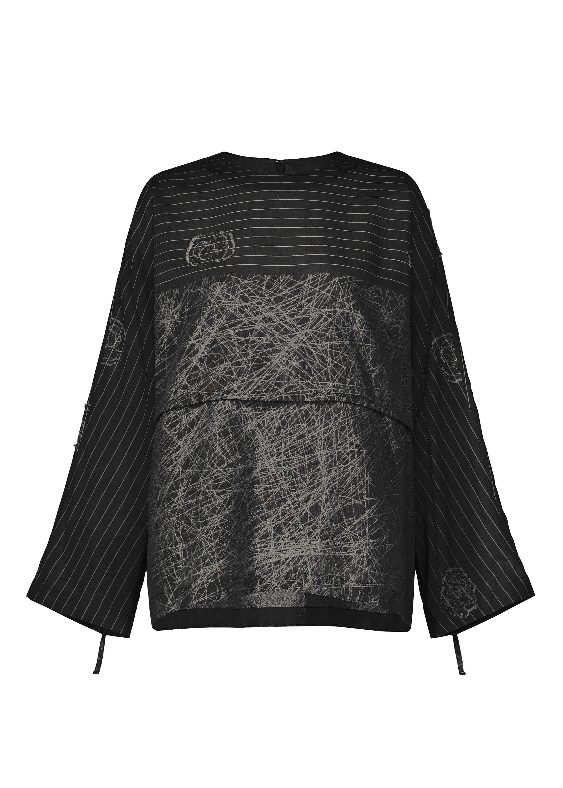 Zoomed view HaaT's ONE STROKE DRAW is a black jacquard top with fine white pinstripes and abstract light gray scratch-like patterns on the front and sleeves. This long-sleeved style features a loose fit for effortless elegance. - BLACK （no.15）