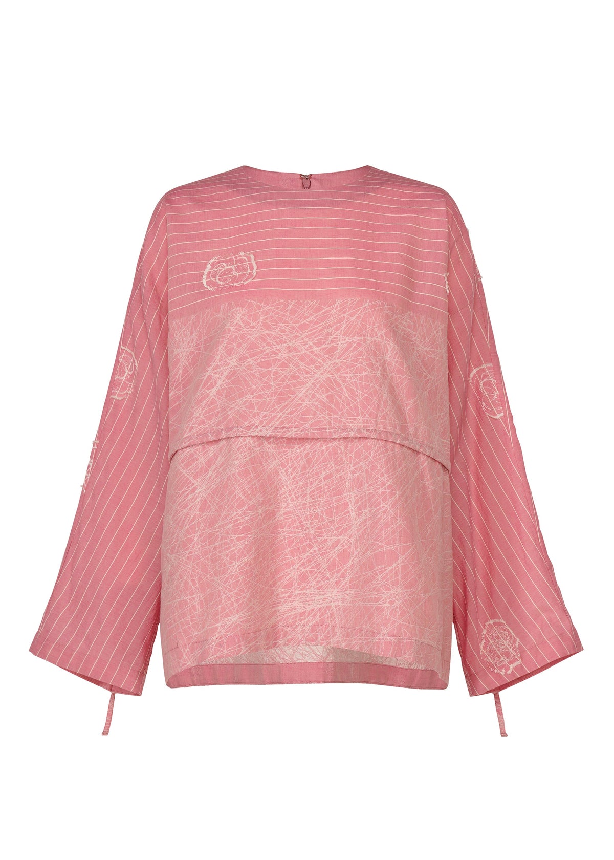 The HaaT ONE STROKE DRAW is a loose-fitting, long-sleeved pink jacquard blouse with white stripes and abstract lines, featuring a round neck, back button closure, and drawstring sleeve ends. view 2 of 10