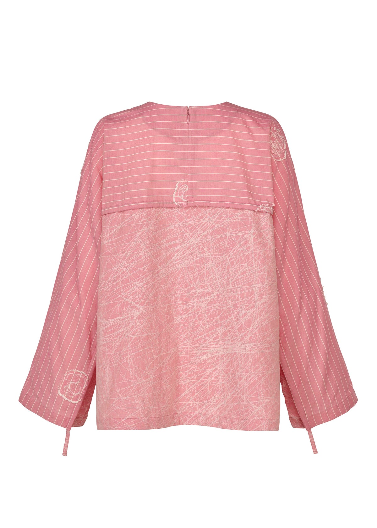 The ONE STROKE DRAW top by HaaT is a pink jacquard long-sleeved piece with wide sleeves, featuring mixed horizontal stripes and abstract white line patterns. Made from a cotton cupra blend, it offers a round neckline and loose fit. view 3 of 10