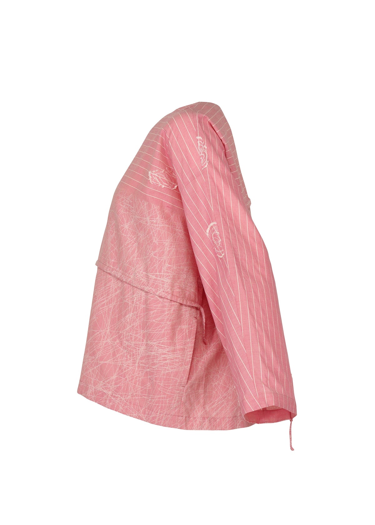The HaaT ONE STROKE DRAW top is a loose, boxy-fit long-sleeve in pink featuring white jacquard vertical stripes and abstract patterns on soft cotton cupra, shown from the side. view 4 of 10