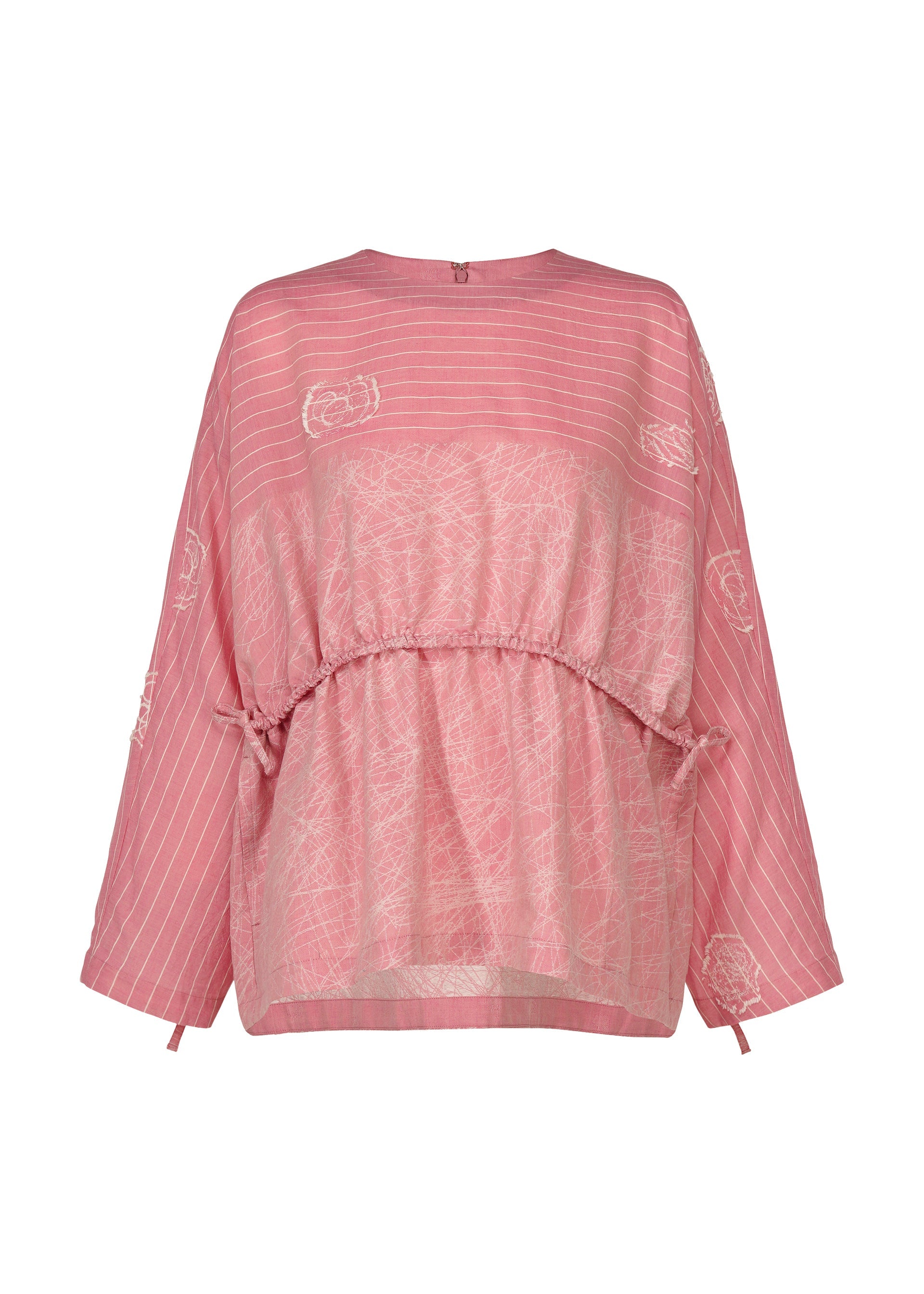 Zoomed view The ONE STROKE DRAW top by HaaT features long sleeves, white abstract and striped patterns, a loose fit, and gathered waist. Crafted from lightweight, semi-sheer cotton cupra for an airy feel.