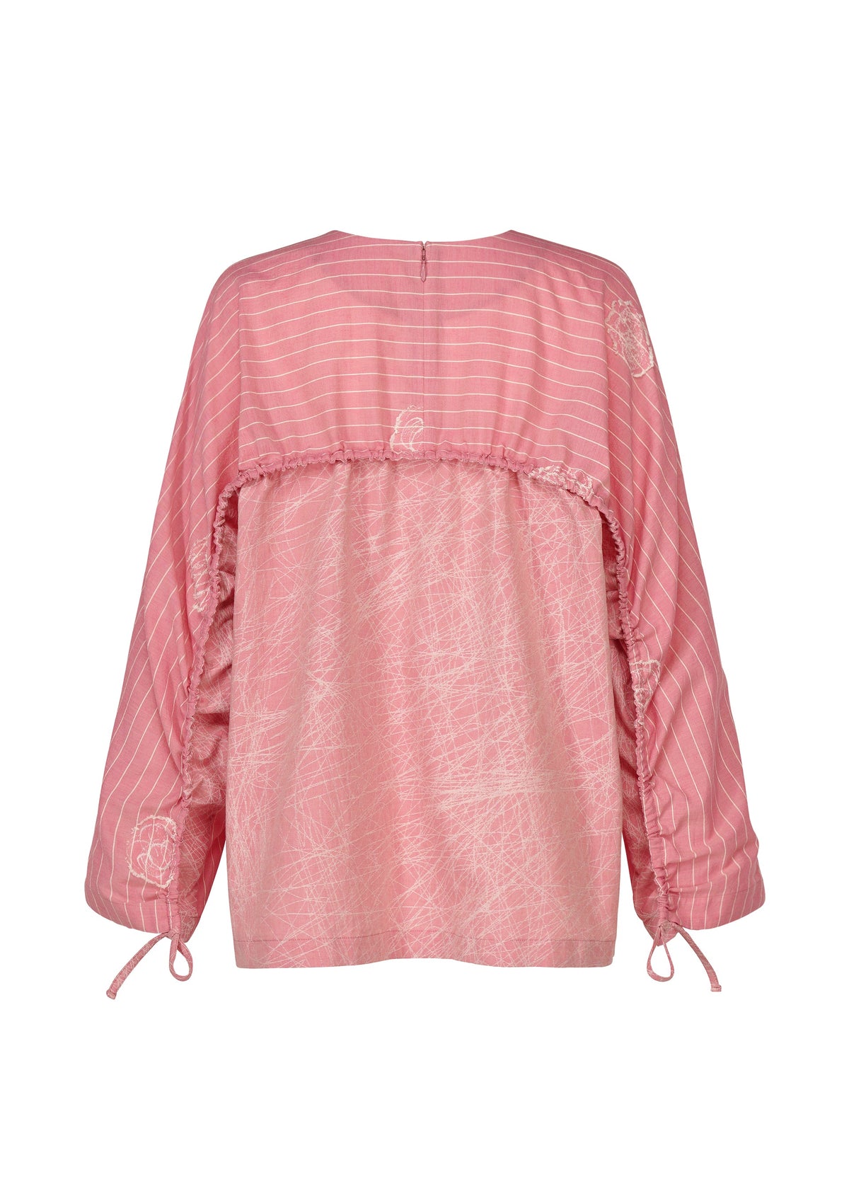 Back view of HaaT's ONE STROKE DRAW: a loose-fitting, long-sleeved pink cotton cupra jacquard top with horizontal white sleeve and back stripes, abstract white patterns, and adjustable drawstrings at the cuffs. view 6 of 10