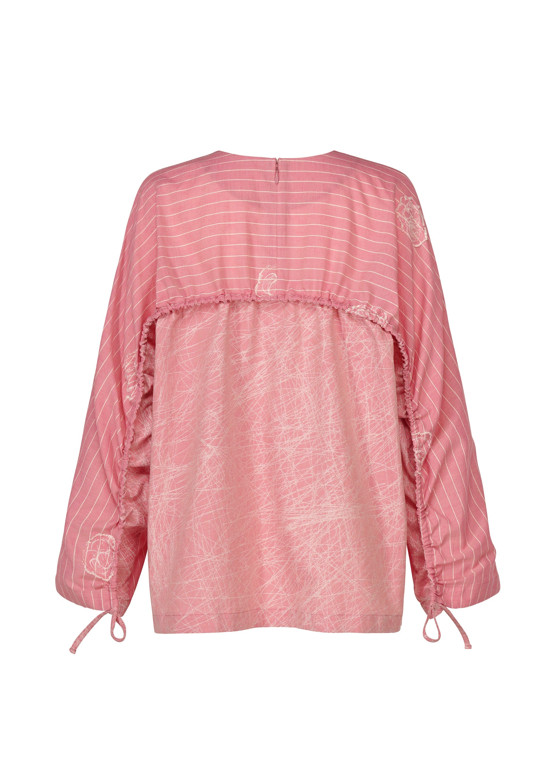Zoomed view Back view of HaaT's ONE STROKE DRAW: a loose-fitting, long-sleeved pink cotton cupra jacquard top with horizontal white sleeve and back stripes, abstract white patterns, and adjustable drawstrings at the cuffs.
