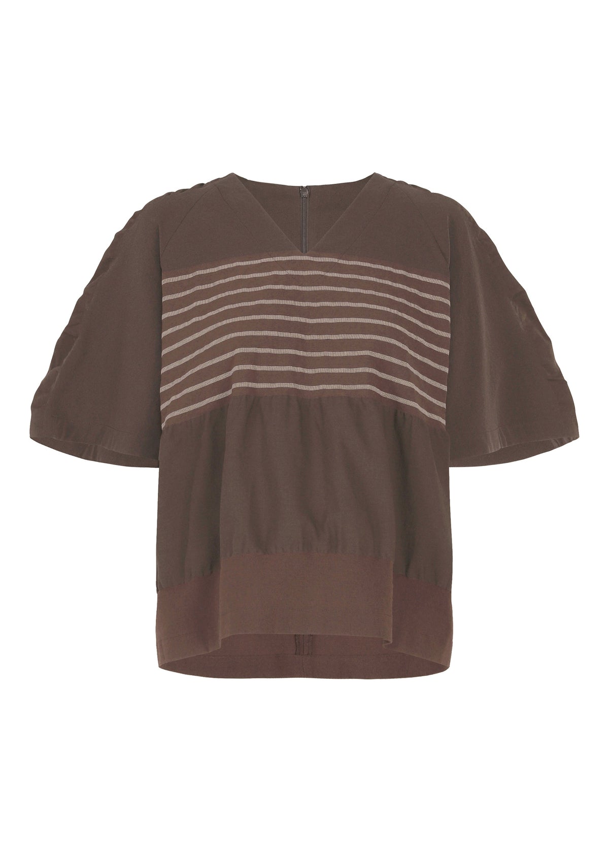 The COLLAGE STRETCH Ⅱ by HaaT is a loose-fitting, short-sleeve brown blouse featuring horizontal beige stripes across the chest, a V-neckline, and a slightly flared hem. This striped top offers a relaxed design for effortless comfort and style. view 1 of 8