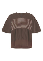 The COLLAGE STRETCH Ⅱ by HaaT is a loose-fitting, short-sleeve brown blouse featuring horizontal beige stripes across the chest, a V-neckline, and a slightly flared hem. This striped top offers a relaxed design for effortless comfort and style. - DARK BROWN （no.45）