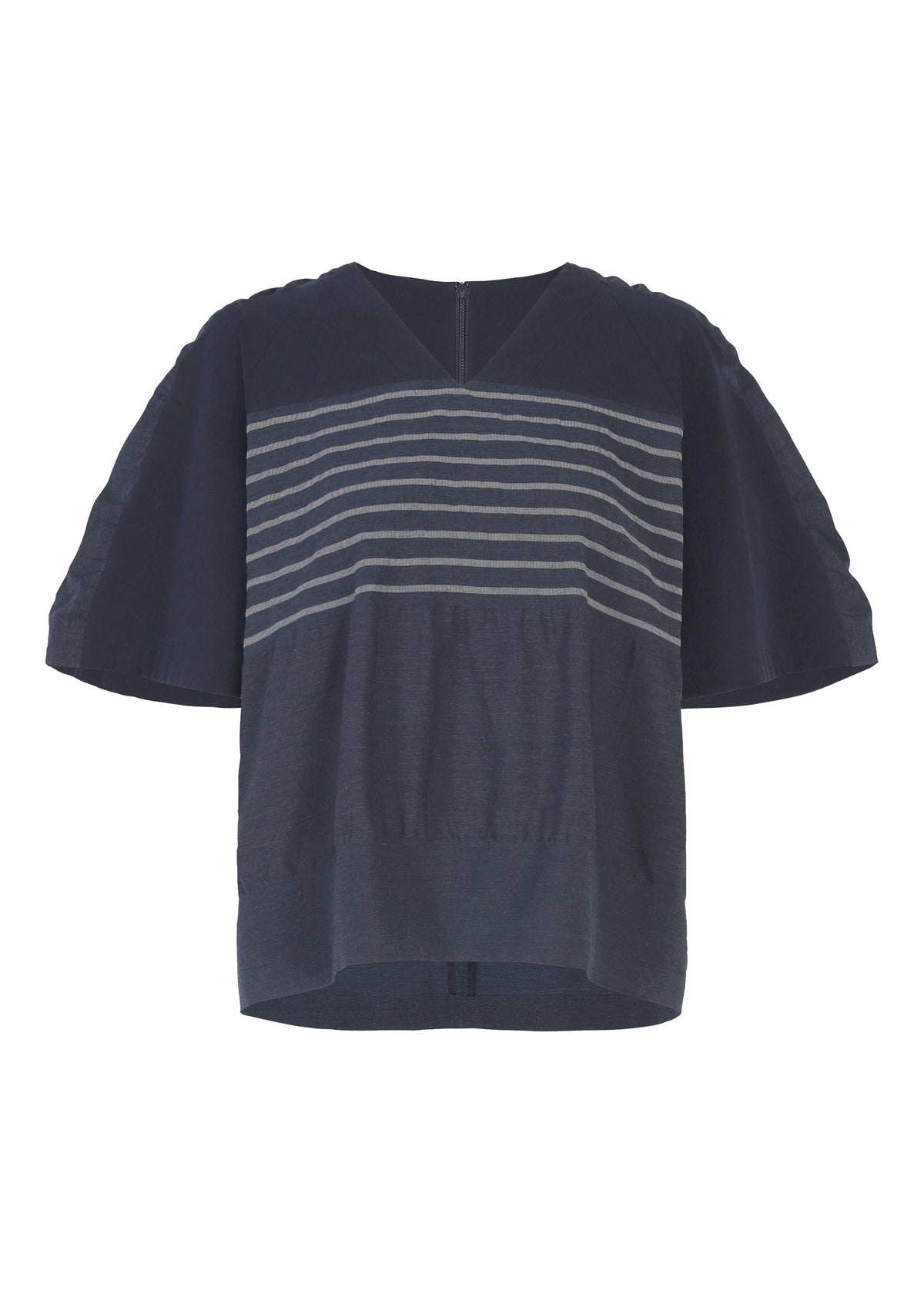 The HaaT COLLAGE STRETCH Ⅱ is a navy blue short-sleeved top featuring wide sleeves and horizontal white stripes across the chest, designed with a relaxed fit and a loose, boxy silhouette. view 2 of 8