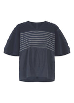 The HaaT COLLAGE STRETCH Ⅱ is a navy blue short-sleeved top featuring wide sleeves and horizontal white stripes across the chest, designed with a relaxed fit and a loose, boxy silhouette. - NAVY （no.75）