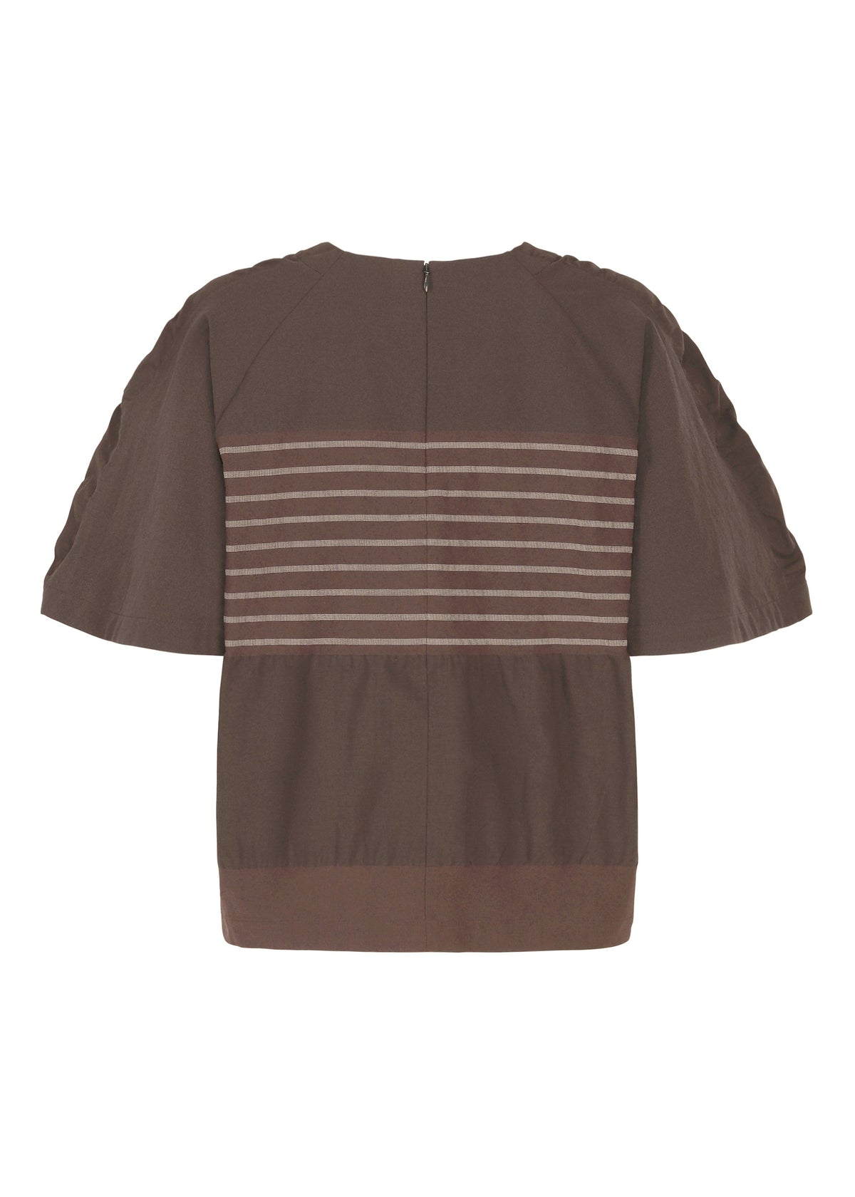 Introducing the COLLAGE STRETCH Ⅱ by HaaT: a brown, short-sleeved top featuring a relaxed silhouette. Crafted from stretchy yarn for comfort, this piece showcases a back zipper and distinctive horizontal beige stripes across the upper back. The lower back and sleeves remain in solid brown, contributing to its slightly loose fit. view 3 of 8