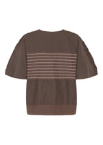 Introducing the COLLAGE STRETCH Ⅱ by HaaT: a brown, short-sleeved top featuring a relaxed silhouette. Crafted from stretchy yarn for comfort, this piece showcases a back zipper and distinctive horizontal beige stripes across the upper back. The lower back and sleeves remain in solid brown, contributing to its slightly loose fit.