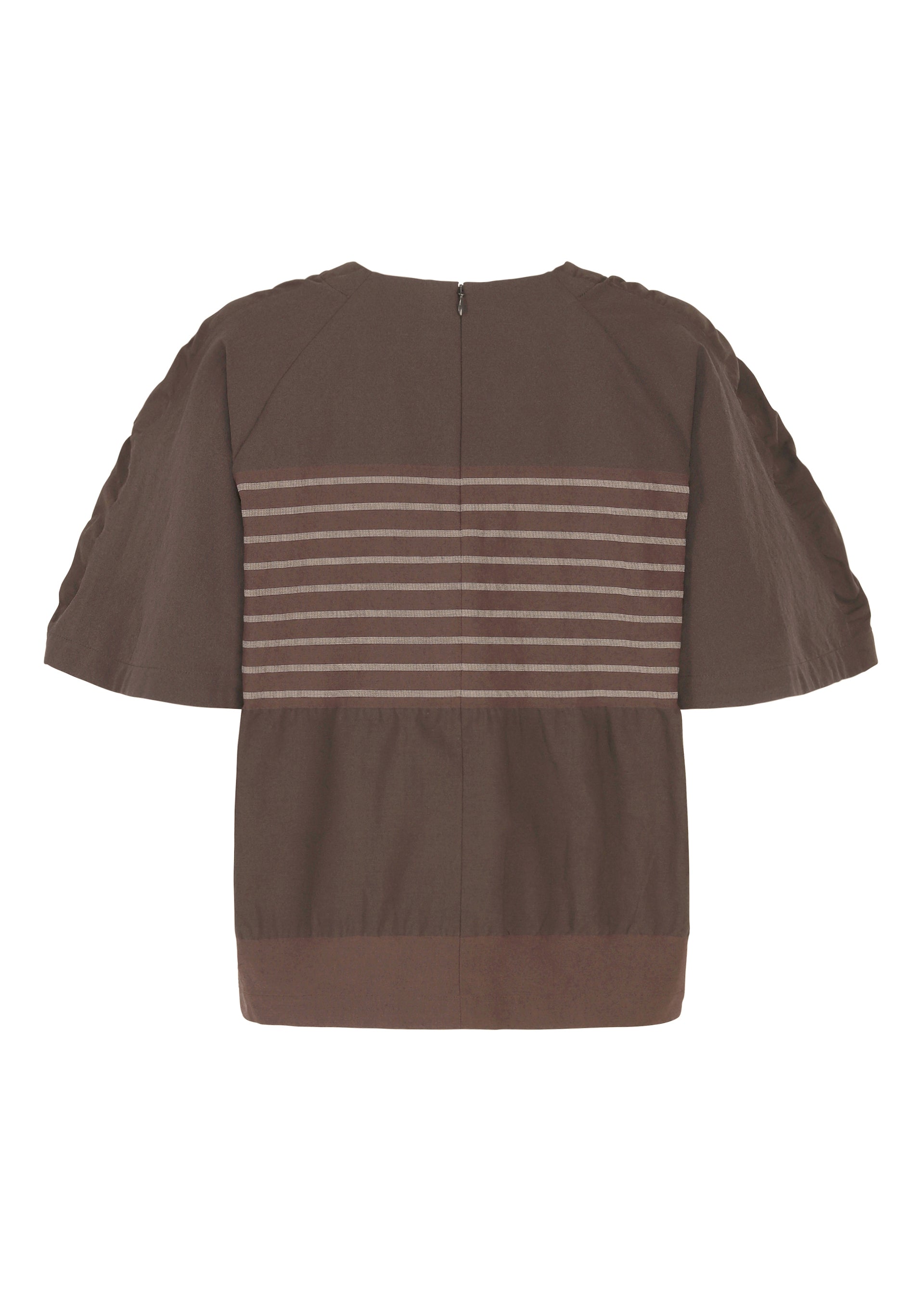 Zoomed view Introducing the COLLAGE STRETCH Ⅱ by HaaT: a brown, short-sleeved top featuring a relaxed silhouette. Crafted from stretchy yarn for comfort, this piece showcases a back zipper and distinctive horizontal beige stripes across the upper back. The lower back and sleeves remain in solid brown, contributing to its slightly loose fit.