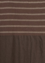 COLLAGE STRETCH Ⅱ by HaaT is crafted from brown fabric with a relaxed silhouette, showcasing horizontal light beige stripes on the upper section that evoke the look of a striped short-sleeved top, while the lower section transitions to a solid brown with a gently wrinkled texture.