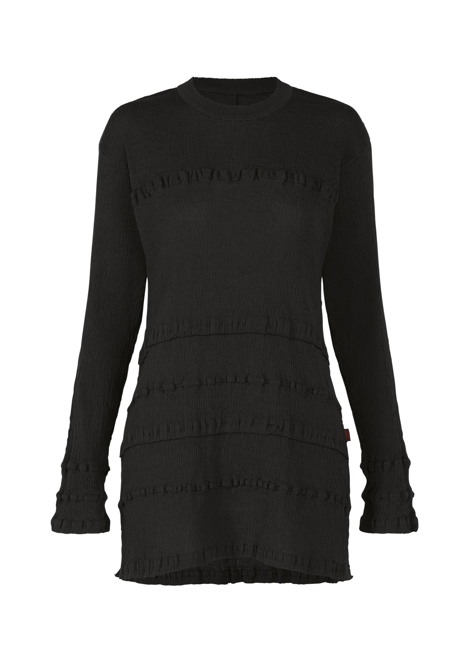 Zoomed view A long-sleeved black KYO CHIJIMI TSUCHIKABE tunic dress by HaaT, featuring a crepe-like texture and horizontal ruffles on the chest, sleeves, and hem, shown against a plain white background. - BLACK （no.15）