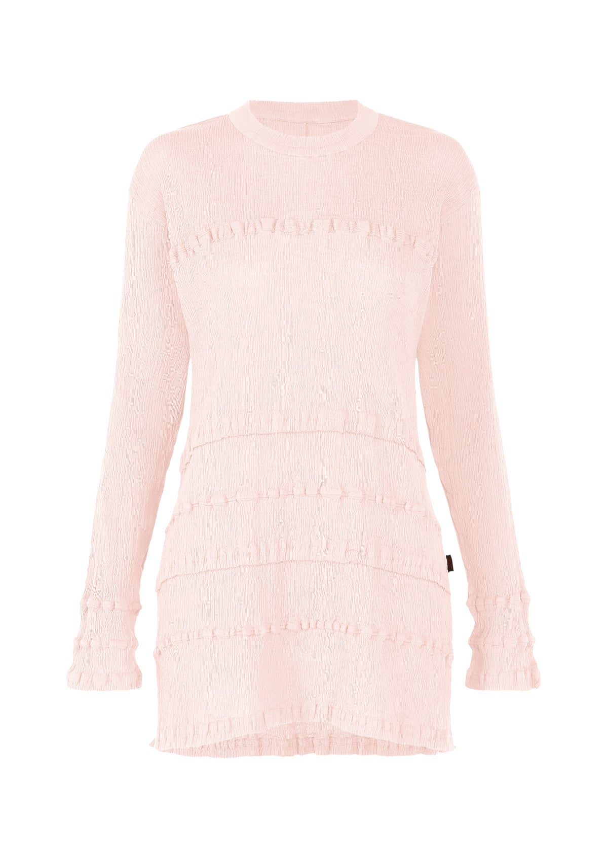 The KYO CHIJIMI TSUCHIKABE by HaaT is a light pink, ultra-fine cotton mini dress with long sleeves, crepe-like texture, horizontal ruffles, crew neckline, and a fitted silhouette for a soft and stylish look. view 2 of 8