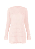 The KYO CHIJIMI TSUCHIKABE by HaaT is a light pink, ultra-fine cotton mini dress with long sleeves, crepe-like texture, horizontal ruffles, crew neckline, and a fitted silhouette for a soft and stylish look. - LIGHT PINK （no.20）