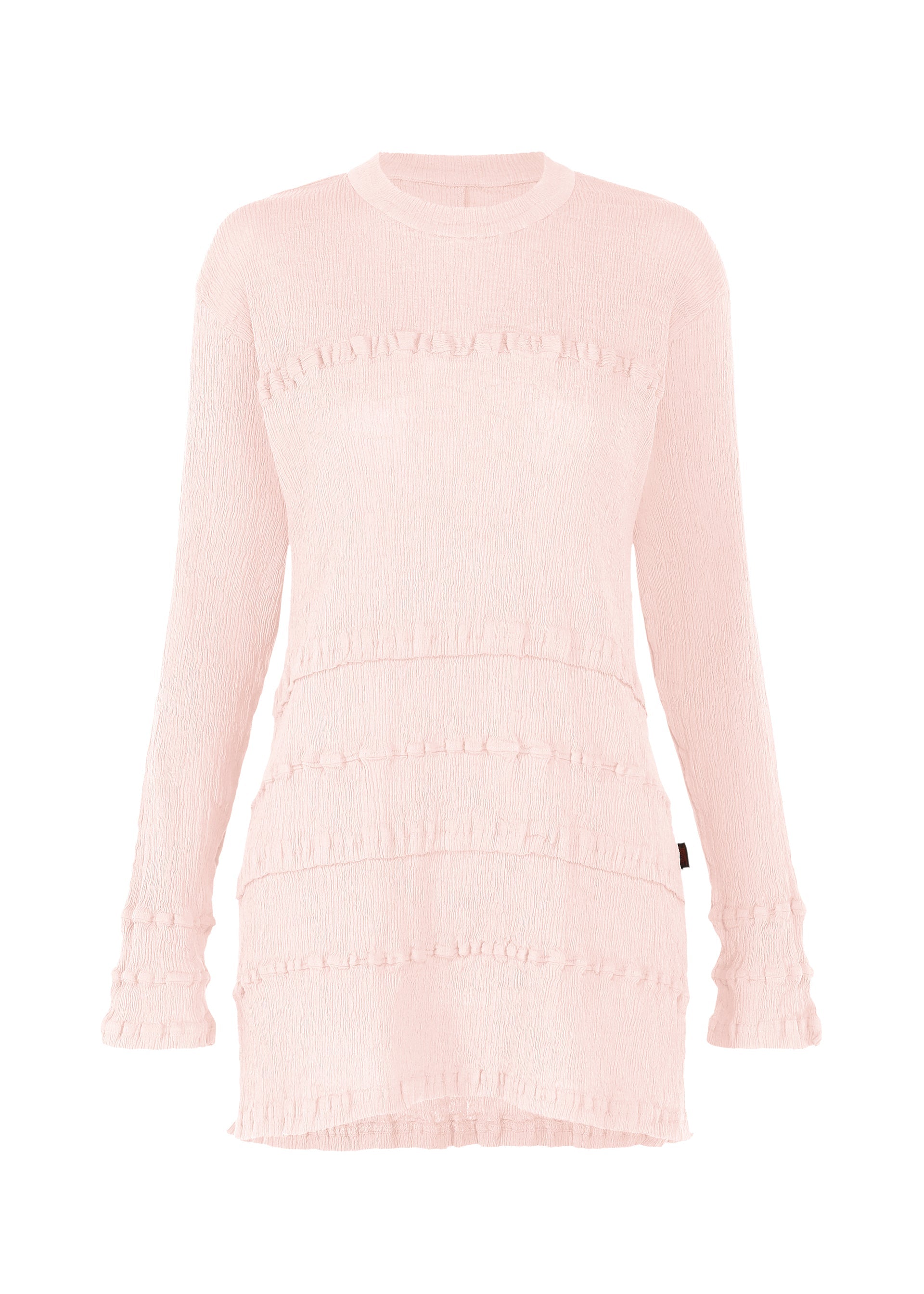 Zoomed view The KYO CHIJIMI TSUCHIKABE by HaaT is a light pink, ultra-fine cotton mini dress with long sleeves, crepe-like texture, horizontal ruffles, crew neckline, and a fitted silhouette for a soft and stylish look. - LIGHT PINK （no.20）