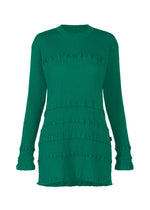 The HaaT KYO CHIJIMI TSUCHIKABE is a green, long-sleeved top with a crepe-like texture, crew neckline, and horizontal ruffled details across the chest, waist, and sleeves. - GREEN （no.62）