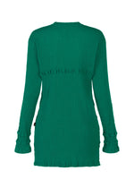 A long-sleeve green HaaT KYO CHIJIMI TSUCHIKABE top or dress, shown from the back, with a crepe-like texture and subtle ruffle accents at the cuffs, waist, and hem.