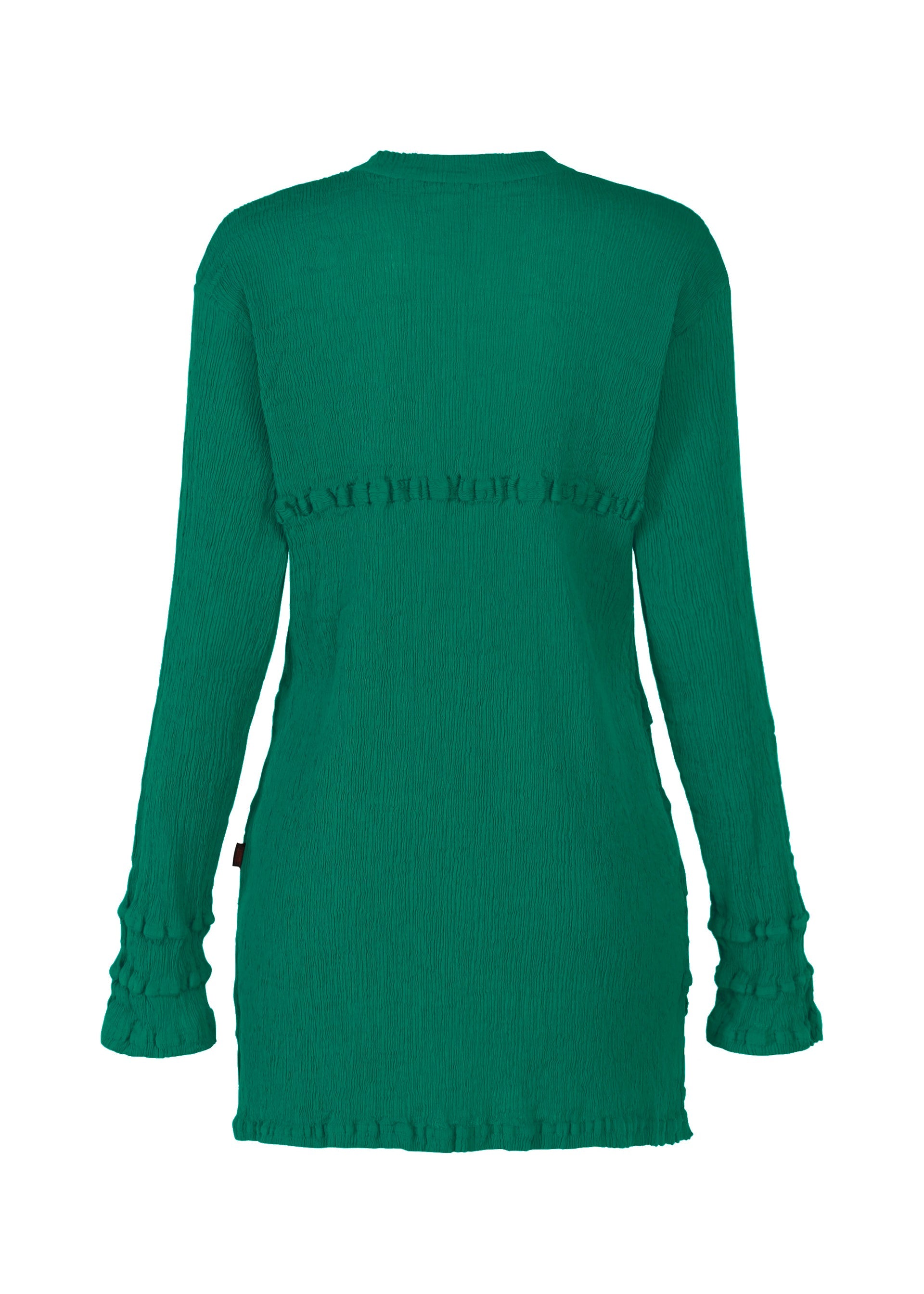 Zoomed view A long-sleeve green HaaT KYO CHIJIMI TSUCHIKABE top or dress, shown from the back, with a crepe-like texture and subtle ruffle accents at the cuffs, waist, and hem.