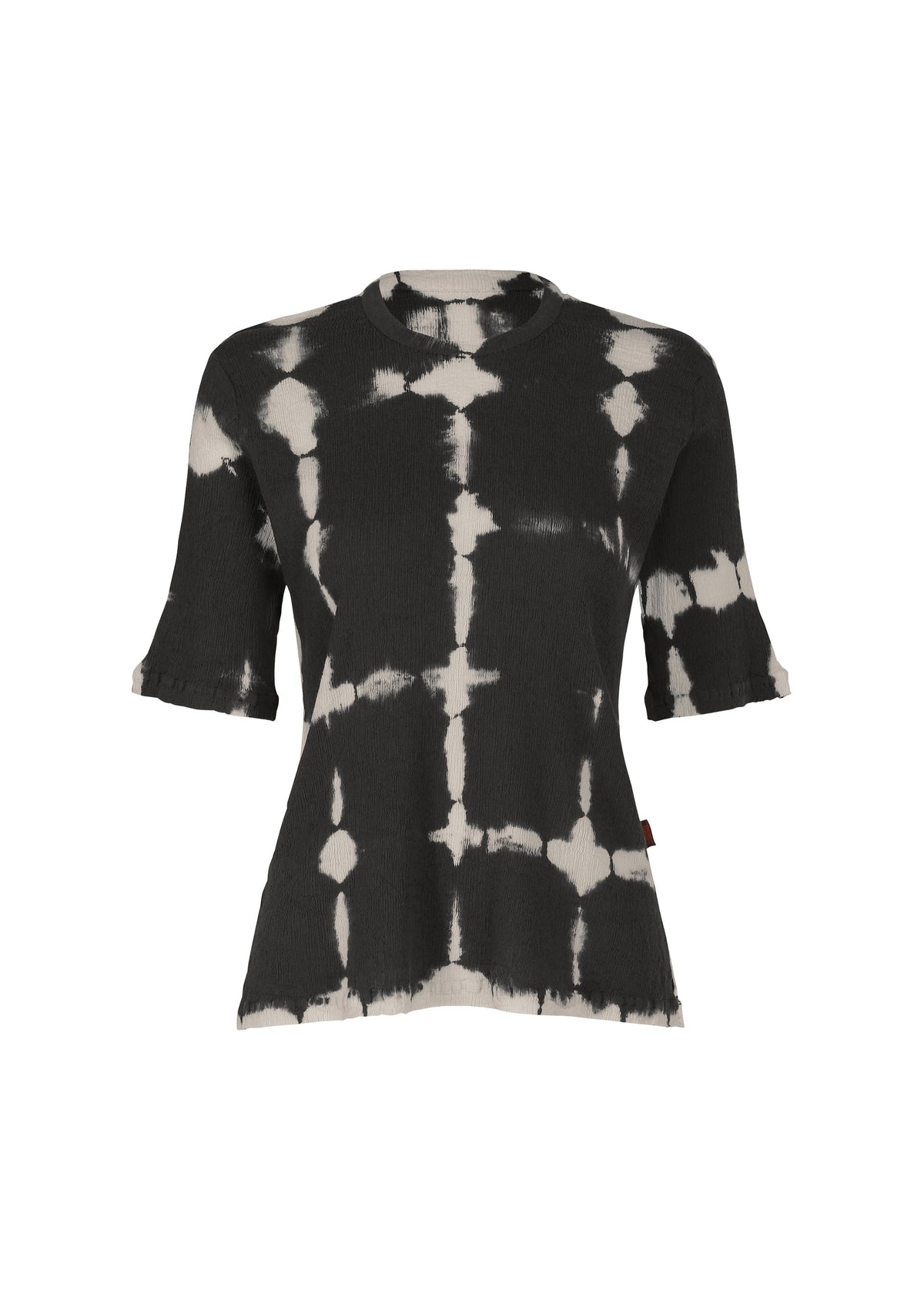 The HaaT KYO CHIJIMI PACKAGE DYE is a short-sleeve black cotton top with a white grid tie-dye, inspired by Kyoto artisan techniques, featuring a round neckline and slightly flared hem and sleeves. view 1 of 8