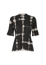 The HaaT KYO CHIJIMI PACKAGE DYE is a short-sleeve black cotton top with a white grid tie-dye, inspired by Kyoto artisan techniques, featuring a round neckline and slightly flared hem and sleeves. - BLACK （no.15）
