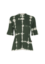 The HaaT KYO CHIJIMI PACKAGE DYE top is a short-sleeved, dark green tie-dye cotton shirt with a white grid pattern, round neckline, and frayed edges—crafted with Kyoto artisan skill for unique style. - DARK GREEN （no.64）