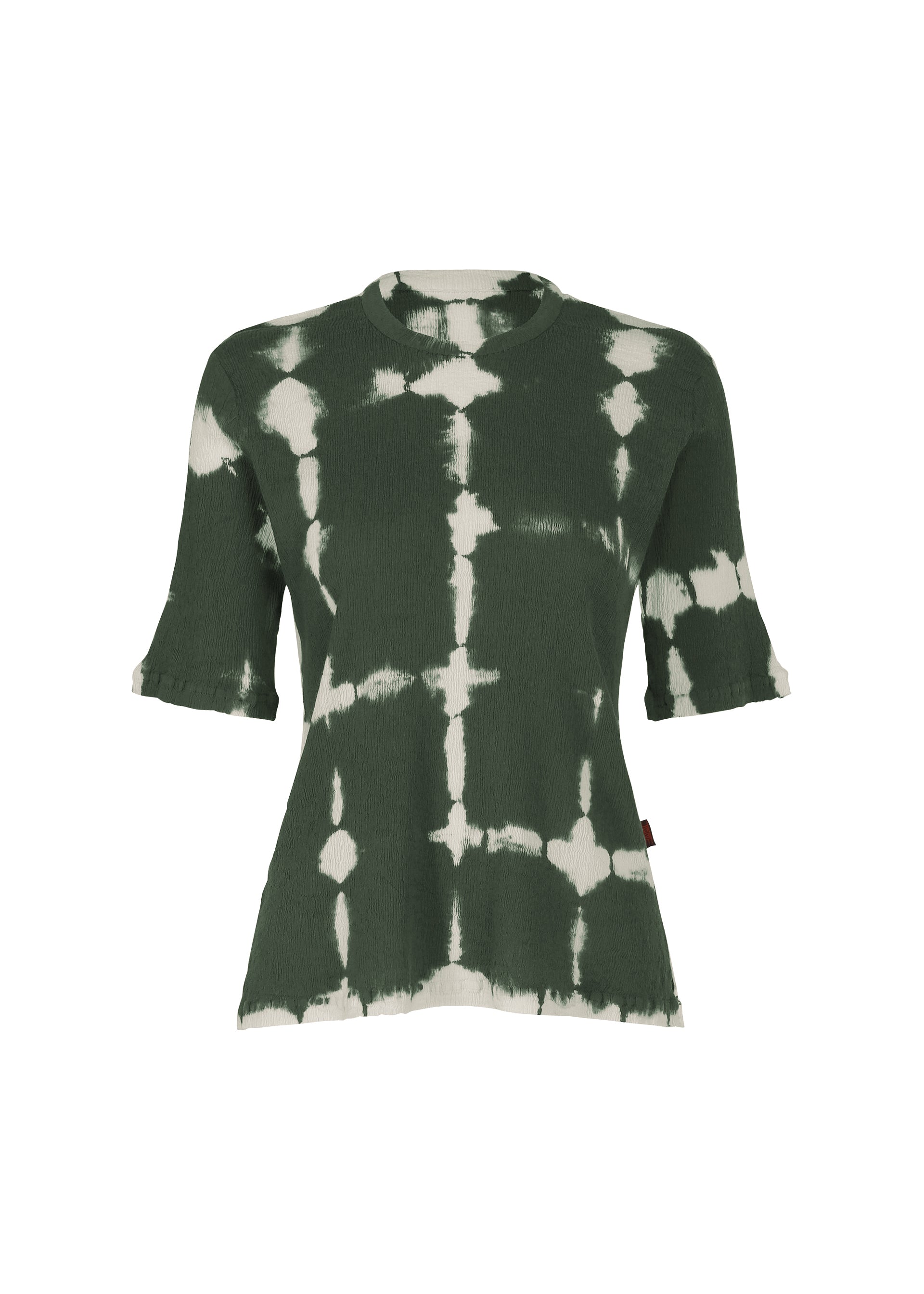 Zoomed view The HaaT KYO CHIJIMI PACKAGE DYE top is a short-sleeved, dark green tie-dye cotton shirt with a white grid pattern, round neckline, and frayed edges—crafted with Kyoto artisan skill for unique style. - DARK GREEN （no.64）