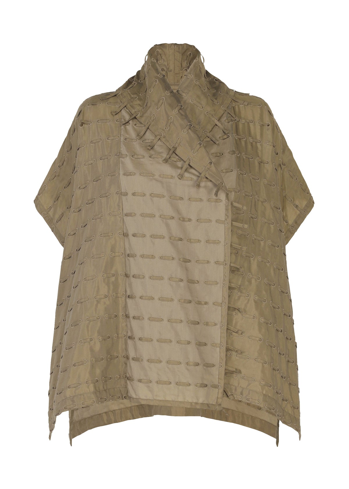 The HOLE & LINE jacket by HaaT is a loose-fitting, short-sleeve tan piece featuring a textured, stitched pattern and a high, draped collar. Made from a soft cupra-blend fabric, it showcases an asymmetrical front and a relaxed silhouette for effortless style. view 1 of 8