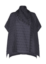 The HOLE & LINE jacket by HaaT is a loose-fitting, short-sleeved piece in a dark textured cupra-blend fabric, featuring a high asymmetrical collar and a subtle dotted pattern inspired by eyelet embroidery, showcased against a plain white background. - NAVY （no.75）
